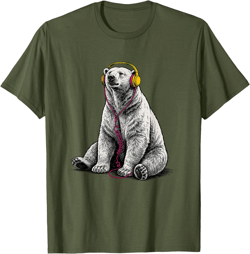 Arctic Wildlife Music Lover Designs Polar Bear Headphones Music Lover Funny Arctic DJ T-Shirt - Olive Green