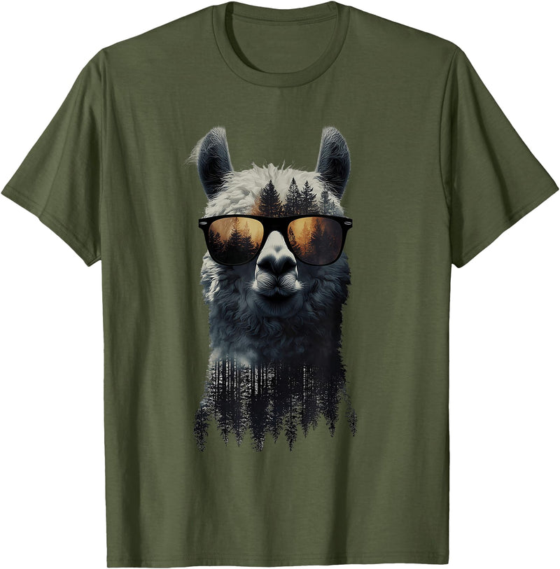 Funny Llama Lover Graphics Funny Alpaca Llama with Sunglasses Animal Graphic T-Shirt - Olive Green