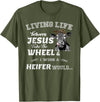 apparelaxArt Living Life Somewhere Between Jesus Take The Wheel Cow T-Shirt - Olive Green