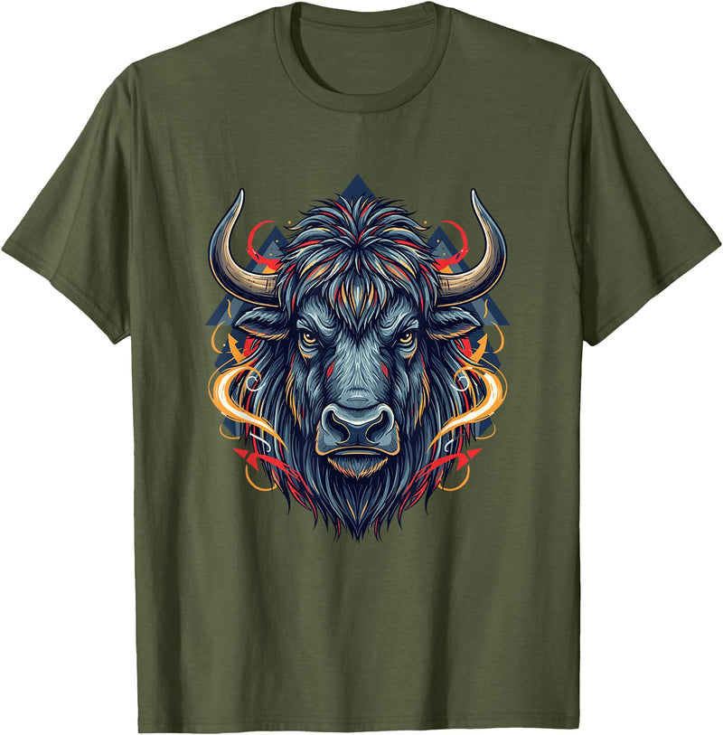 Wild Buffalo Bison Tribal Western Spirit Fierce Wild Bison Head Tribal Geometric Buffalo T-Shirt - Olive Green