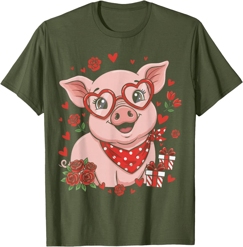 Pig Valentine Heart Love Cute Animal Lover Pig Cute Farm Animal Sunglasses Heart Love Valentine T-Shirt - Olive Green