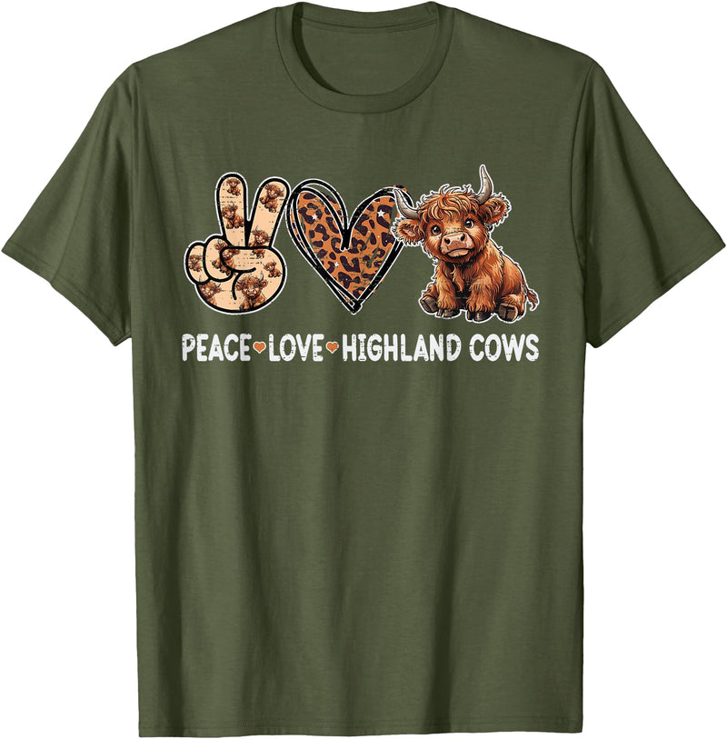 Highland Cow shirts for Girls Women Kids Peace Love Highland Cows Funny Beef Farmer Farm Cow Lover T-Shirt - Olive Green