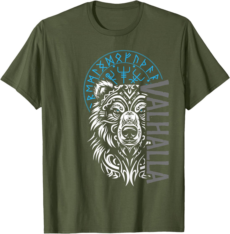 Nordic Valor, Viking Visions, Berserk til Valhalla Valhalla & Viking Compass - Nordic Bear Design T-Shirt - Olive Green