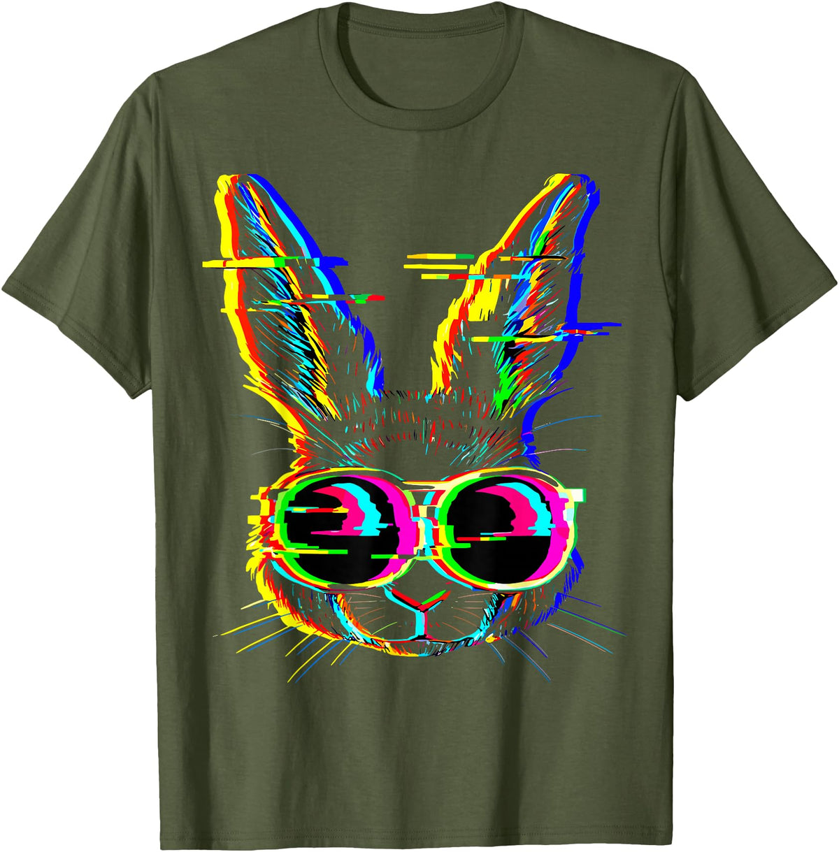 Trippy Rabbit Vibrant Glitch Effects Vaporwave EDM Lover T-Shirt in Olive Green