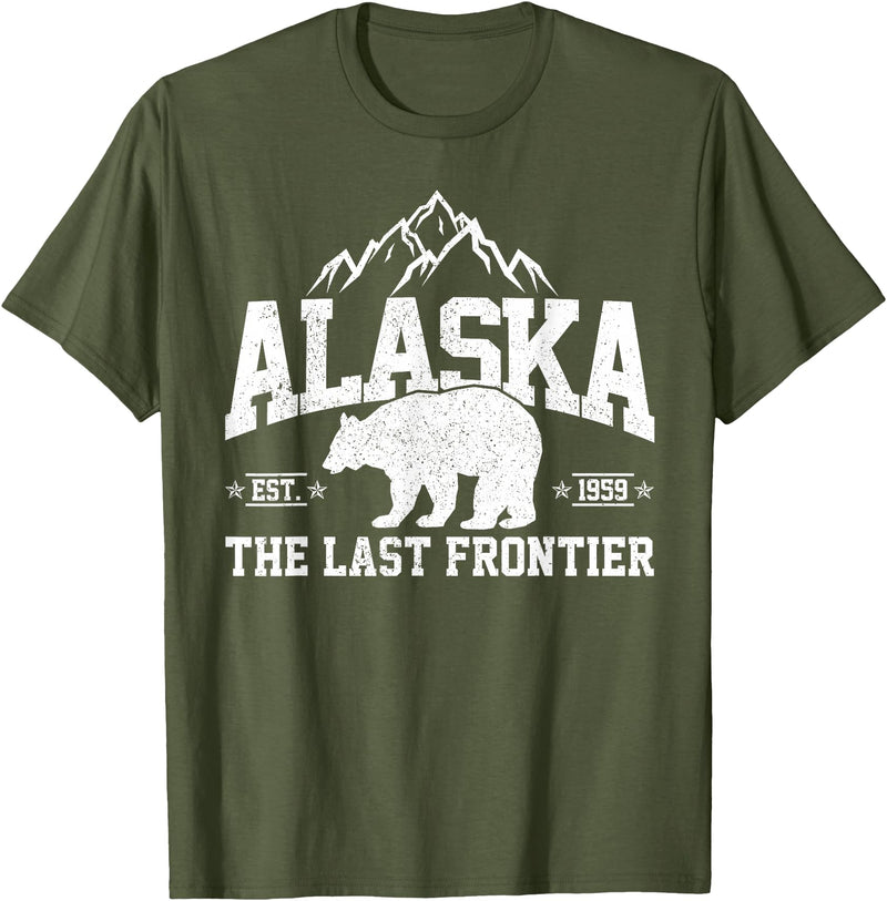 We Love Alaska - T-Shirts & Souvenirs Alaska The Last Frontier EST 1959 Grizzly Bear Mountains T-Shirt - Olive Green