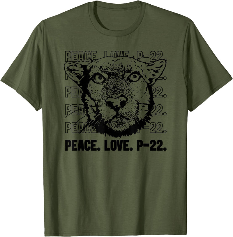 P22 Mountain Lion Tee Shirts for Nature Lovers P-22 Mountain Lion Legend LA California Art P22 Peace Love T-Shirt - Olive Green