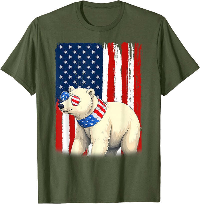 Patriotic USA Flag Polar Bear 4th of July Co. Polar Bear US America Flag Men Women 4th of July Patriotic T-Shirt - Olive Green