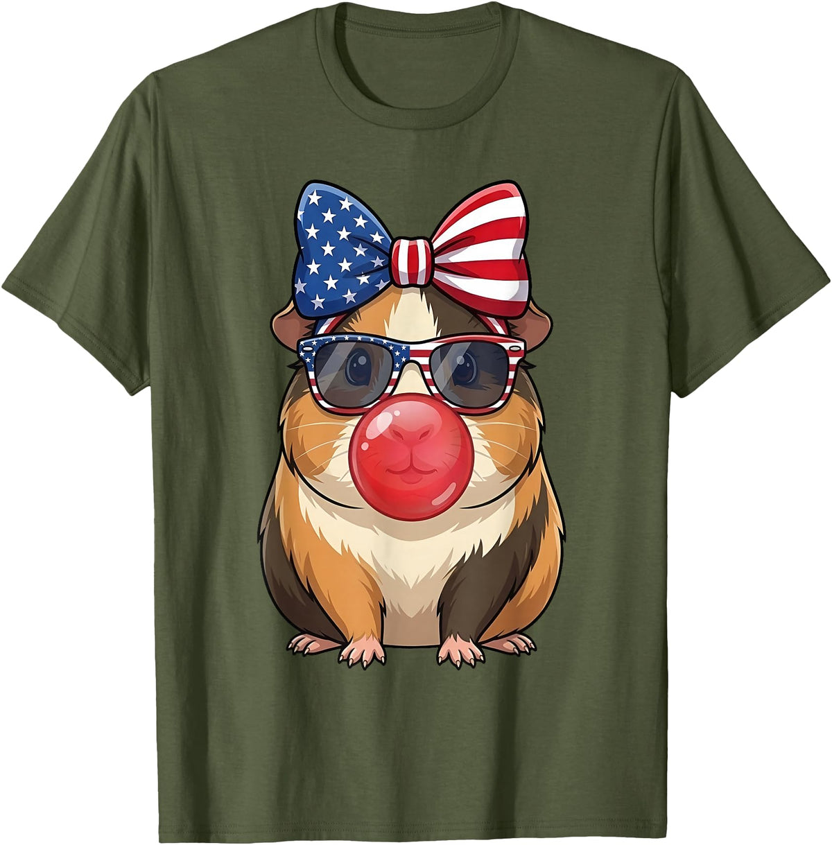 Cute Guinea Pig Bubble Gum Coquette Bow Girls Kids Patriotic Guinea Pig 4th of July Bow American Flag Girls T-Shirt - Olive Green