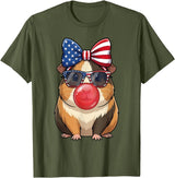 Cute Guinea Pig Bubble Gum Coquette Bow Girls Kids Patriotic Guinea Pig 4th of July Bow American Flag Girls T-Shirt - Olive Green
