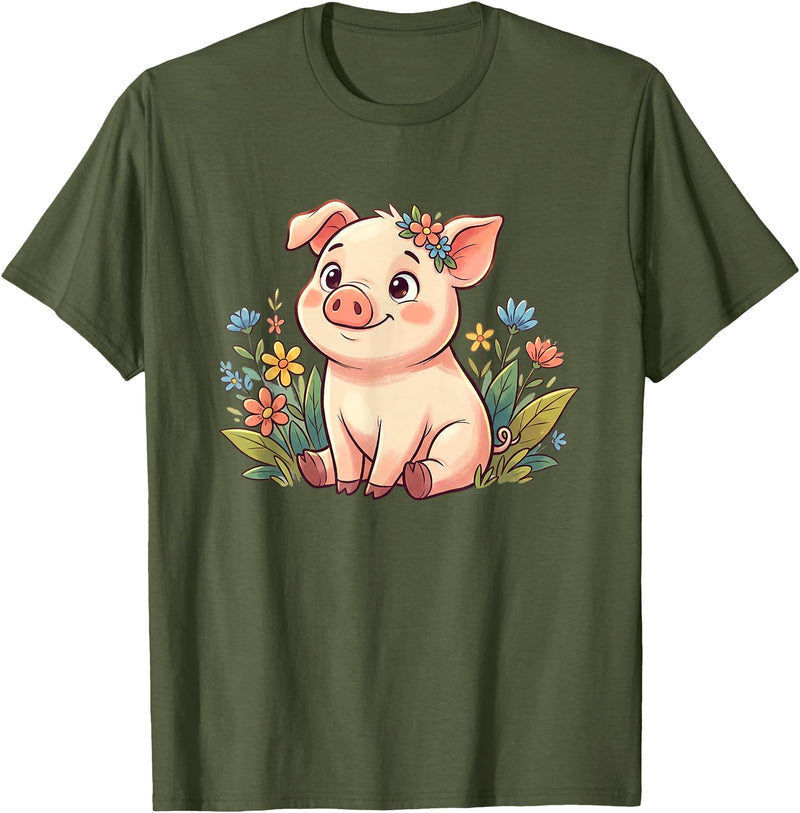 Cute Farm Piglet With Wildflowers Pastel Kawaii Baby Pig Surrounded by Colorful Flowers T-Shirt - Olive Green