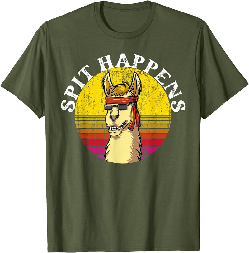 Funny Groovy Llama Alpaca Spit Happens Tees & Co. Funny Groovy Llama Alpaca Spit Happens Tee T-Shirt - Olive Green