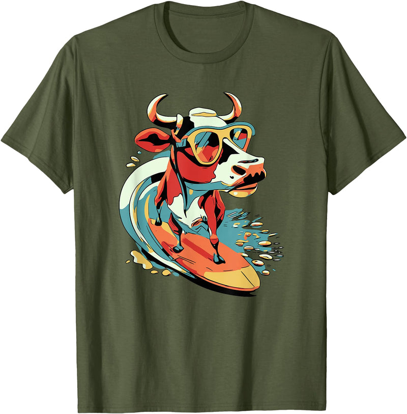 Surfing Cow Catching a Wave Surfer Design Co. Surfing Cow Catching a Wave Farmer Surfer Surf Time T-Shirt - Olive Green