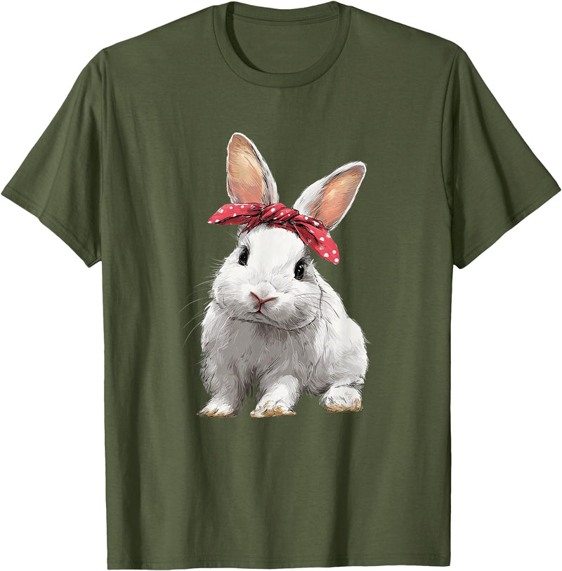 Cute Easter Bunny Rabbit Bow T-Shirt in Olive Green