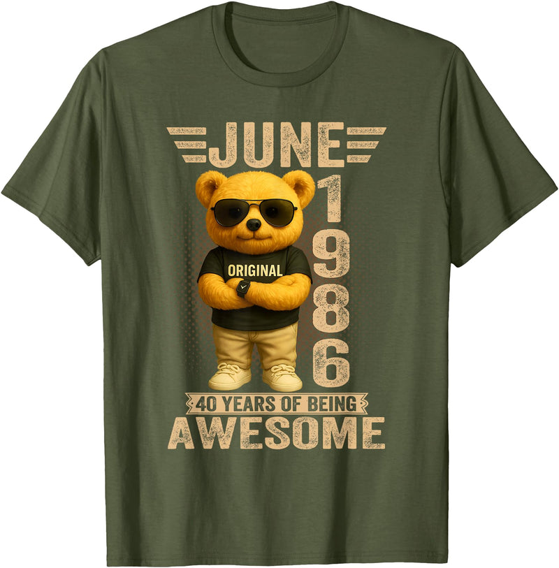 June 1986 40th Birthday Gifts for Men Women 40 Year Old June 1986 Teddy Bear 40th Birthday Men Women T-Shirt - Olive Green