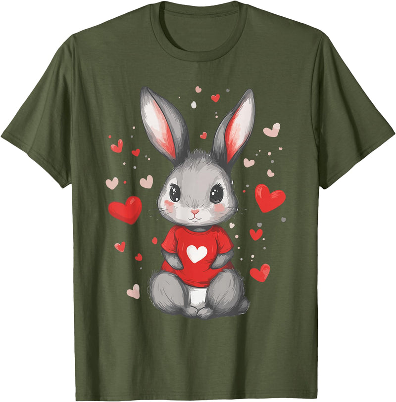 Rabbit Lover Heart Girls Valentine’s Day Women Bunny T-Shirt in Olive Green