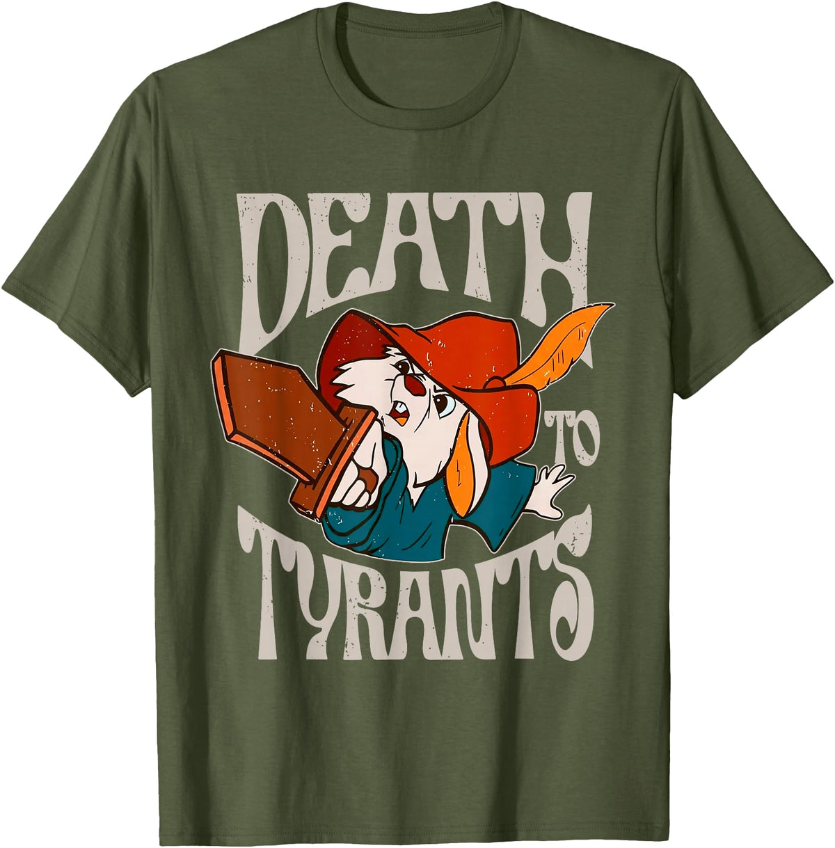 Death to Tyrants Retro Rabbit Meme T-Shirt in Olive Green
