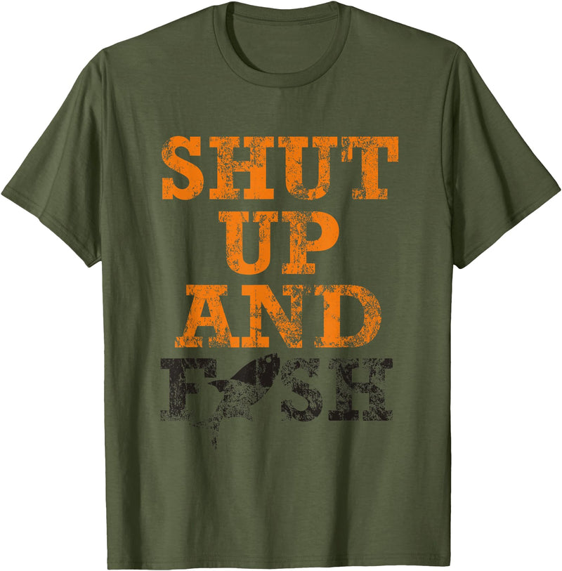 Green Cow Land Shut Up And Fish Distressed apparel T-Shirt - Olive Green