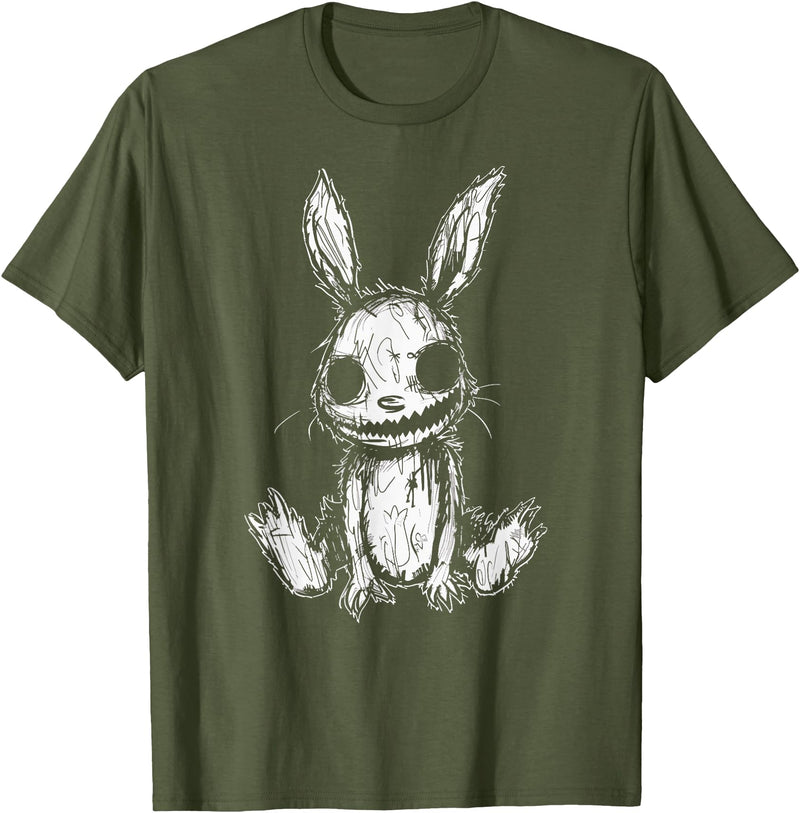 Evil Creepy Bunny Rabbit Alt Goth Grunge Horror Aesthetic T-Shirt in Olive Green
