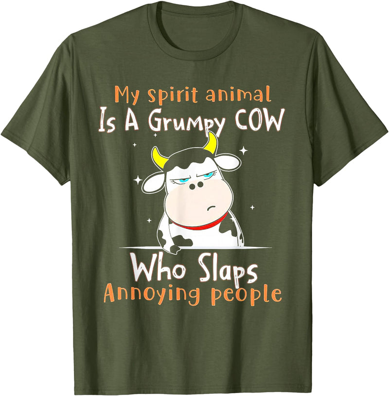 Funny My Spirit Animal Is A Grumpy Cow Tee Shirt My Spirit Animal Is A Grumpy Cow Who Slaps Annoying People T-Shirt - Olive