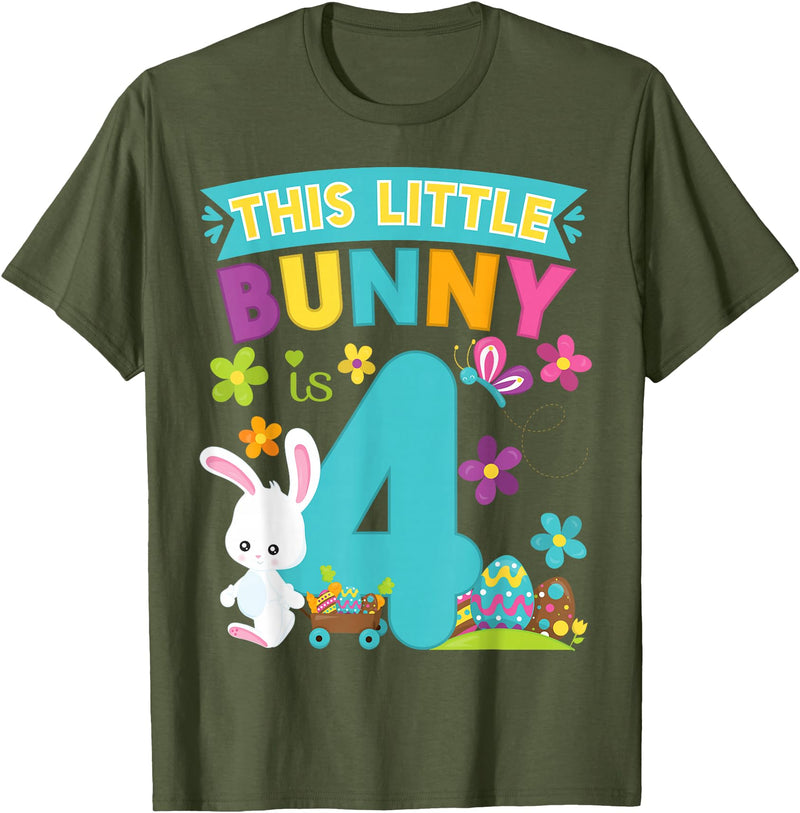 This Little Bunny Rabbit Is 4 Year Old Easter Birthday T-Shirt in Olive Green