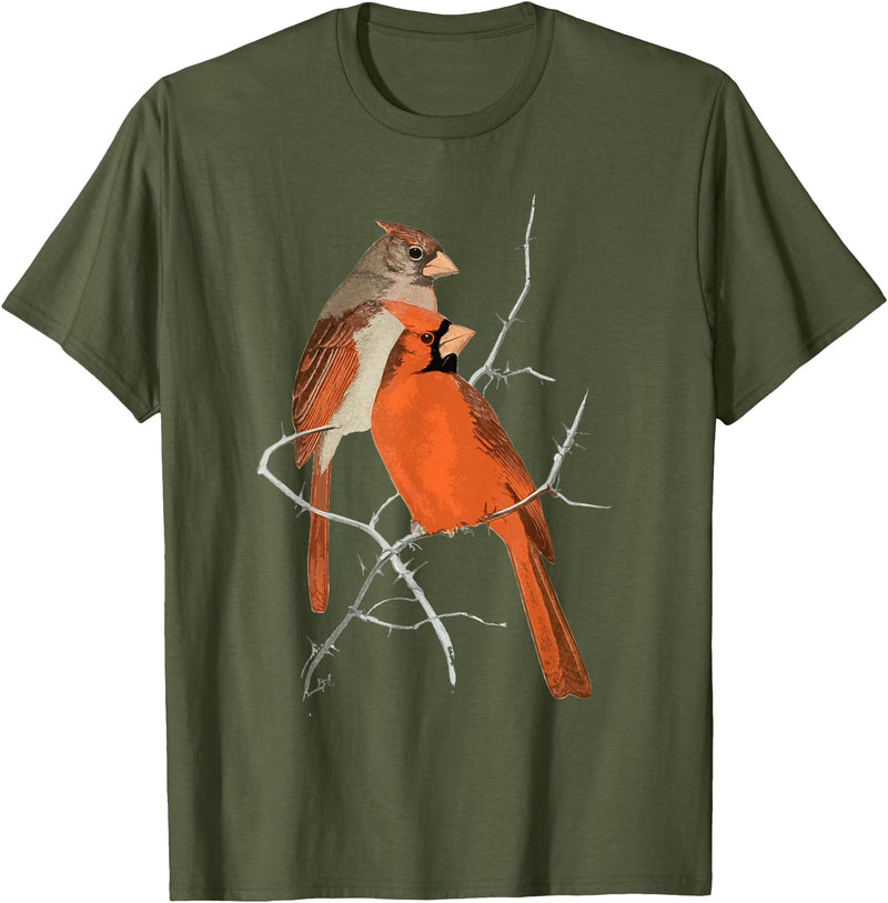 Red Cardinal Bird Male Female Vintage Red Cardinal Bird T-Shirt - Olive Green