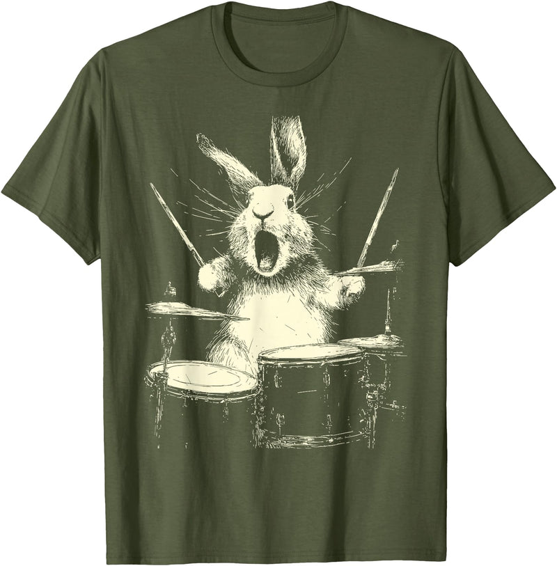 Cute Rabbit Playing Drums Funny Music Animal Drummer Graphic T-Shirt in Olive Green