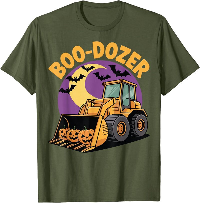 Bulldozer Halloween Costume Toddler Spooky Ghost Boo-Dozer Halloween Kids Bulldozer T-Shirt - Olive Green
