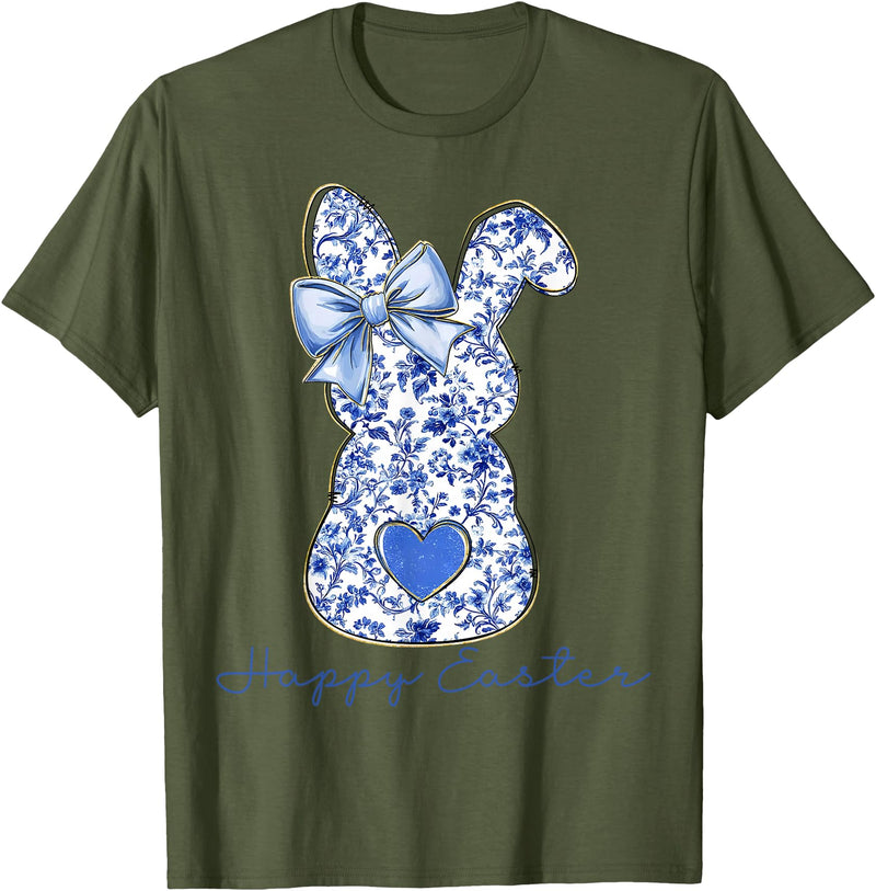 Happy Easter Chinoiserie Floral Bunny Cute Blue Bow Coquette T-Shirt in Olive Green