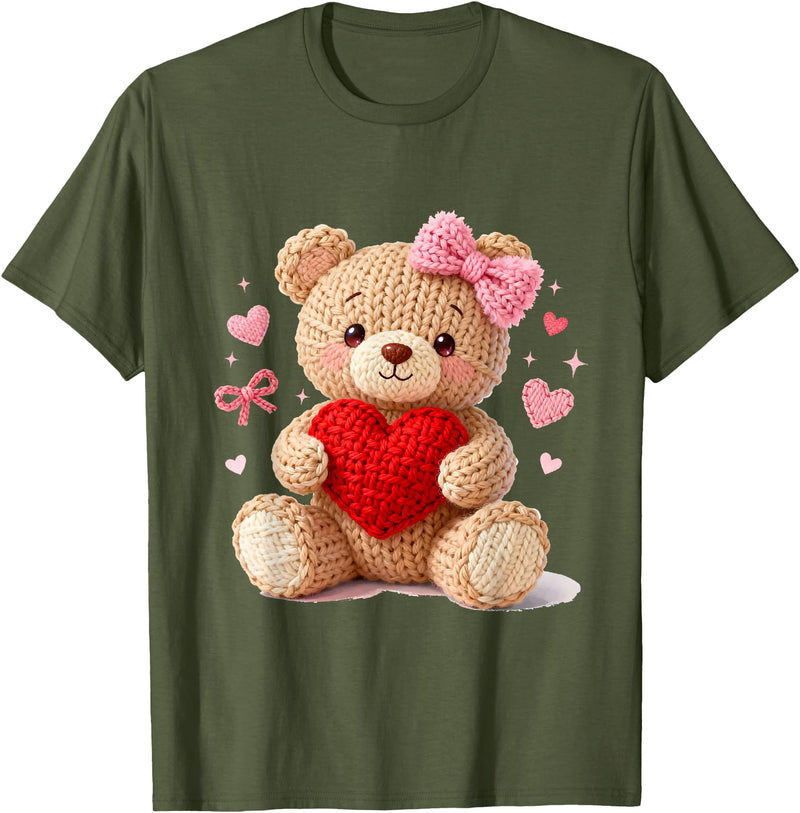 Cute Crochet Valentine Love Art Studio Be My Valentine Cute Crochet Yarn Teddy Bear Love T-Shirt - Olive Green
