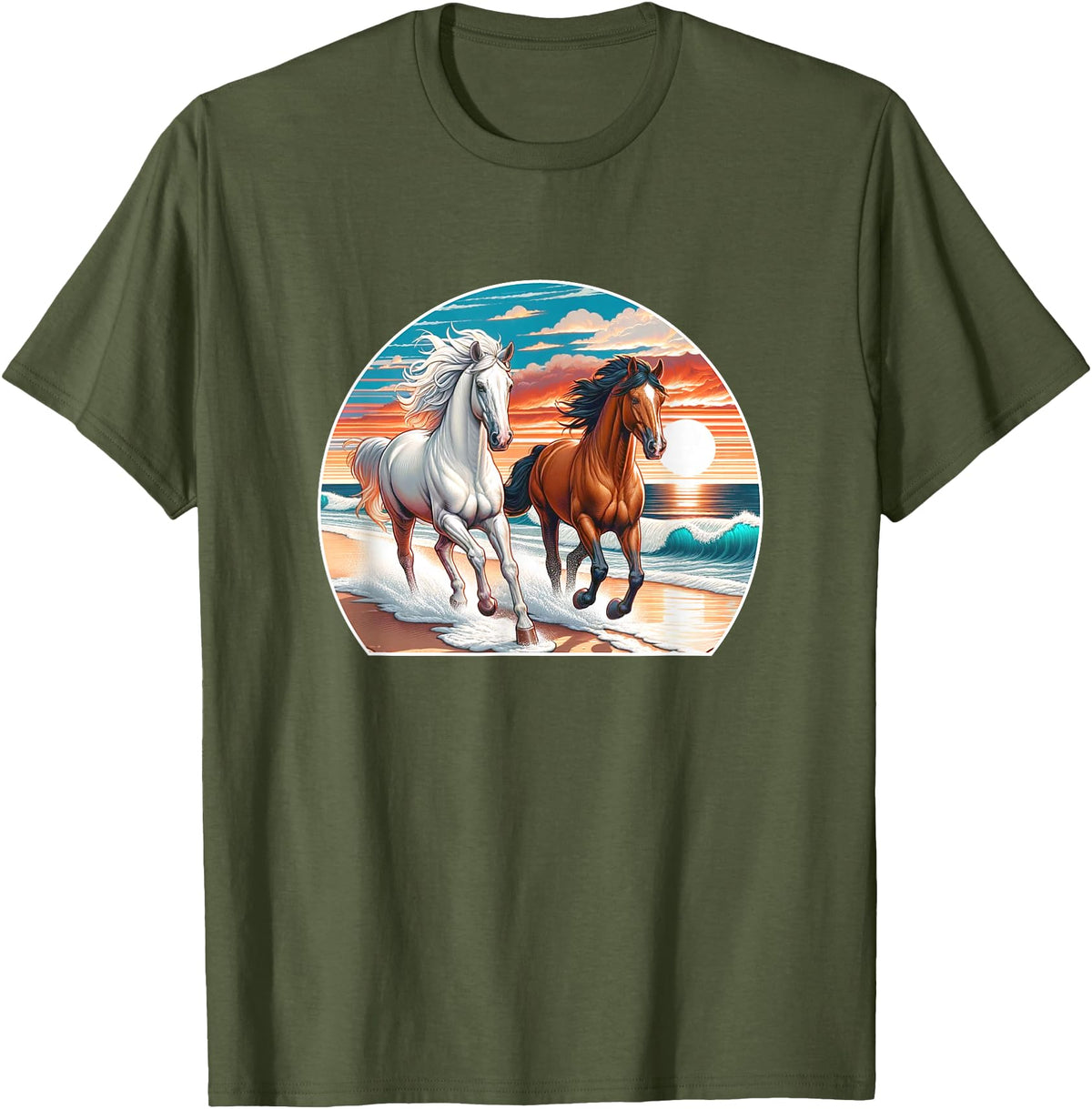Horses Running On The Beach - T-Shirt - Olive Green
