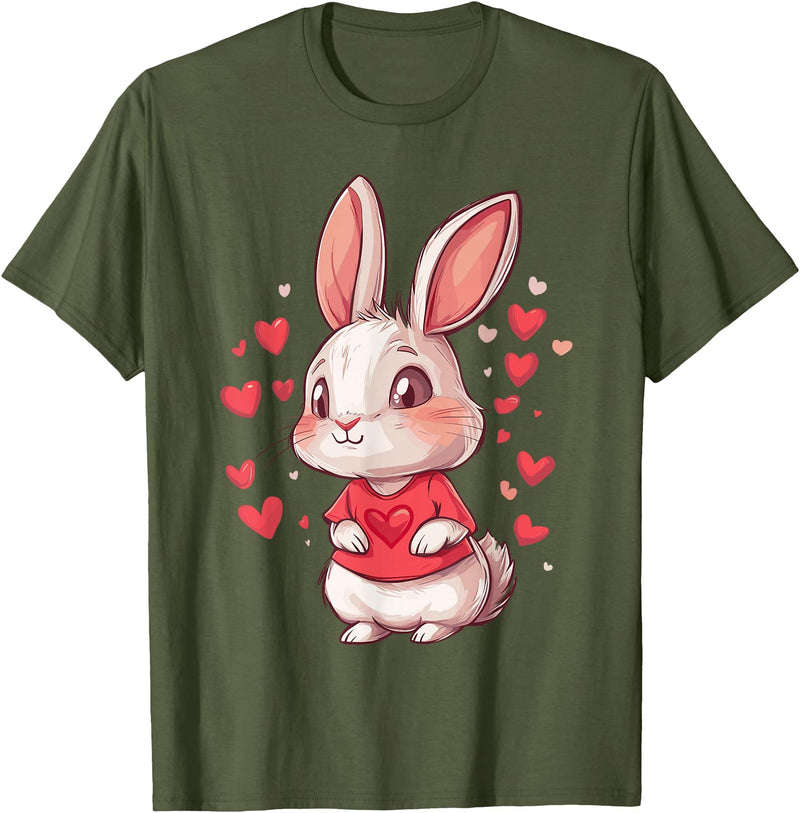 Rabbit Hearts Girls Love Women Kids Heart Bunny T-Shirt in Olive Green