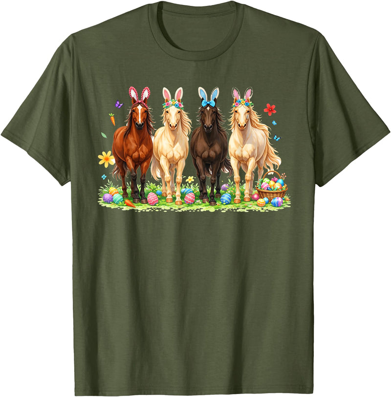 Easter Day Bunny Rabbit Horse Lover Equestrian Horse Riding T-Shirt in Olive Green