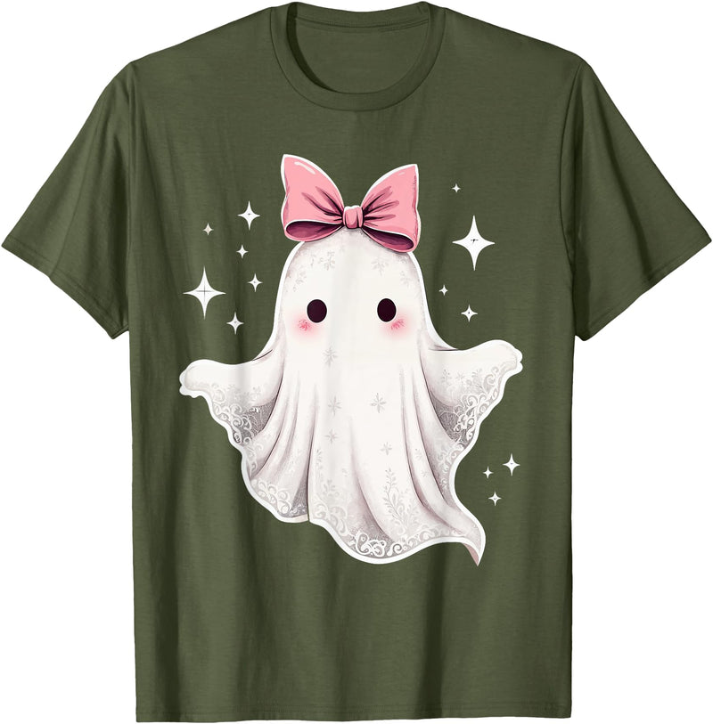 Halloween Ghost Coquette Bow Tee Ghost Coquette Bow Halloween Kawaii Girls Women Spooky T-Shirt - Olive Green