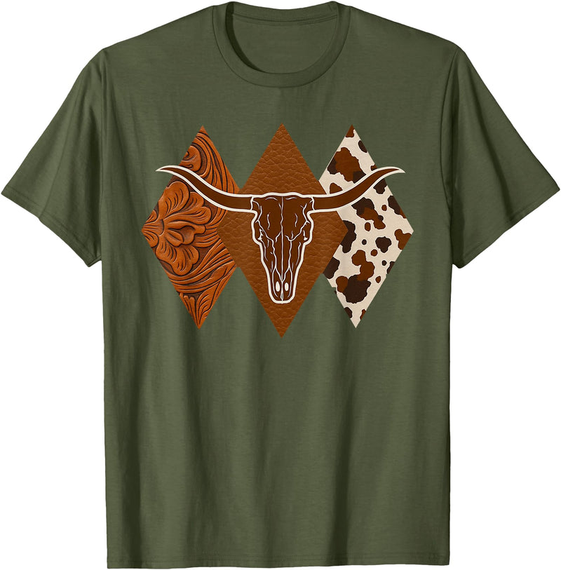 Boho Bull Skull Rodeo Culture Cowgirl Cowboy Gifts Boho Cow Skull Western Country Longhorn Country Concert T-Shirt - Olive