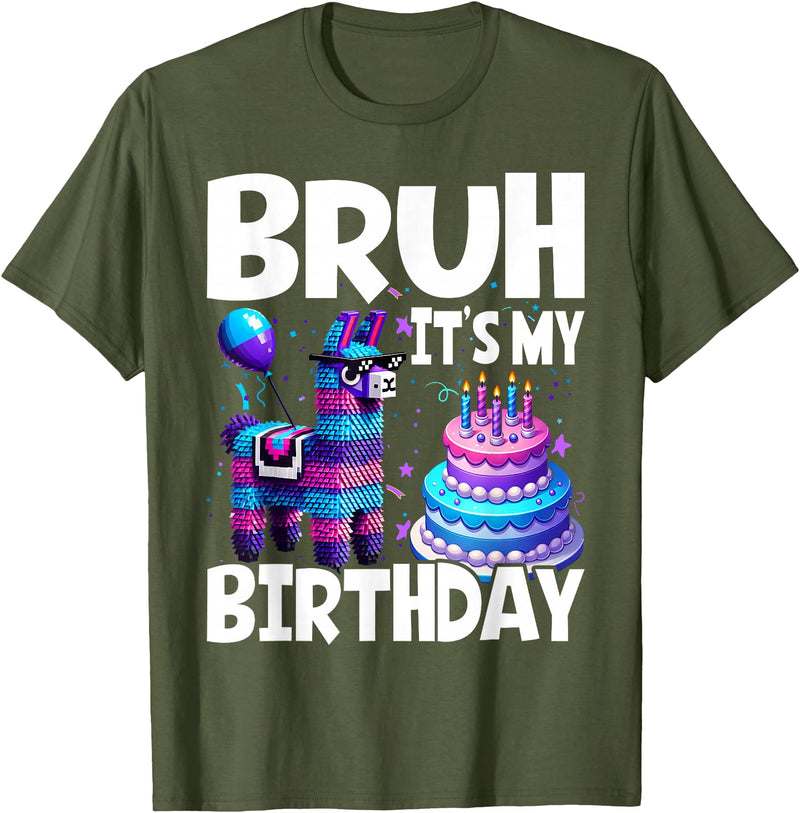Llama Lover Gift Co. Bruh Its My Birthday Llama Pinata T-Shirt - Olive Green