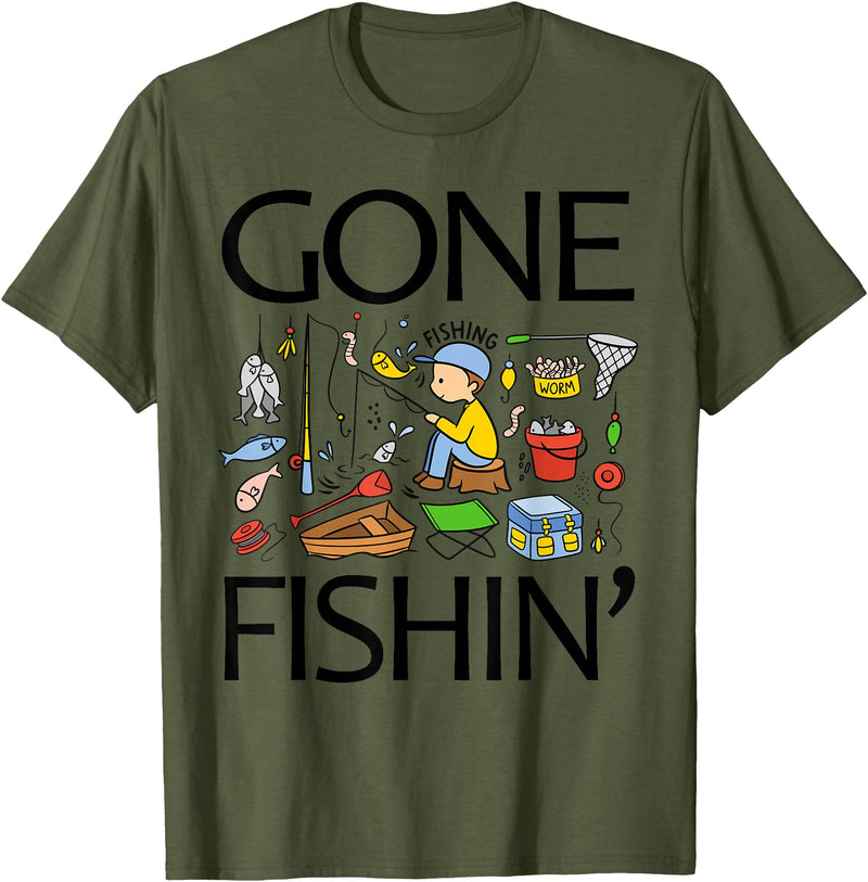 Funny Fishing Fishy Fisherman Fisher Anglers Shirt Gone Fishing-Shirt Youth Boys Kids Toddler Women Girls Cute T-Shirt - Olive Green
