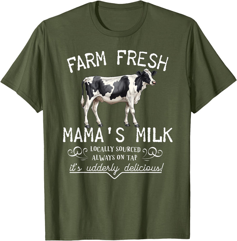 New Mommy Breastfeeding HumorDesigns for Women Funny Breastfeeding Mama's Milk Cow Farm Lacatation New Mom T-Shirt - Olive