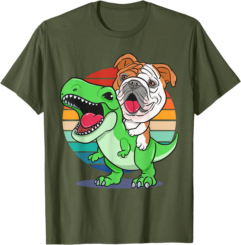 English Bulldog Funny Dinosaur Kids Mom Gift Tees Funny English Bulldog Riding Cute T-Rex Dinosaur Dog Mom T-Shirt - Olive