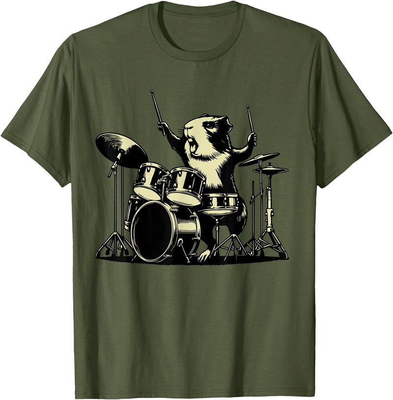 Retro Drummer Guinea Pig Lover Rock Design Guinea Pig Drummer Rock Drummer Guinea Pig Playing Drums T-Shirt - Olive Green
