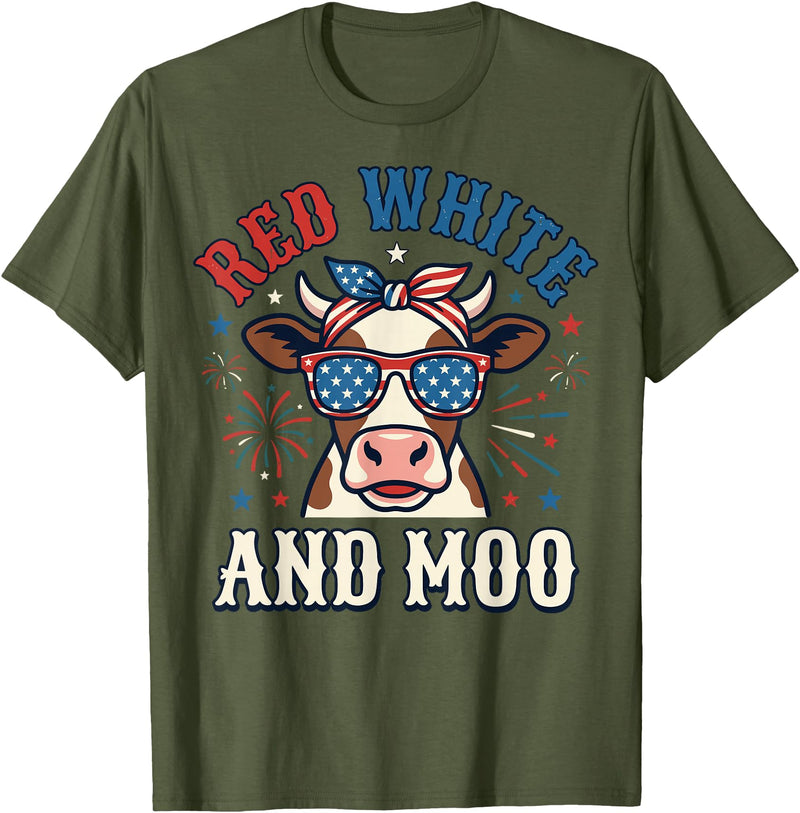 Patriotic Farm Cow Independence Day Red White and Moo Patriotic USA Flag Cow 4th of July T-Shirt - Olive Green
