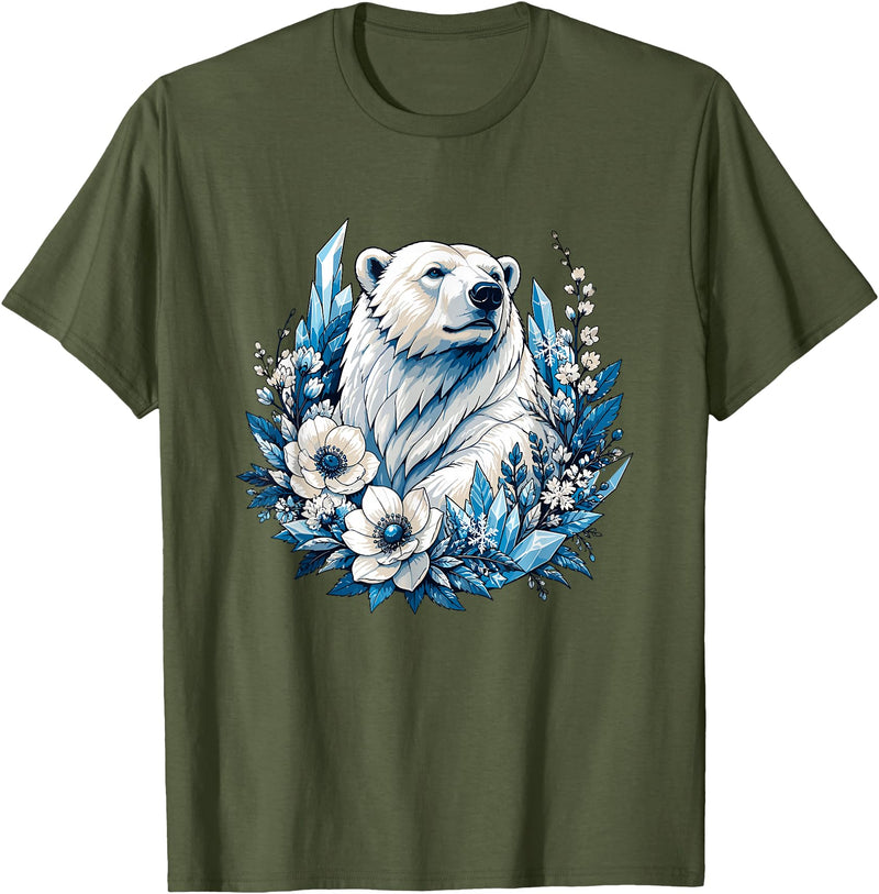 Arctic Polar Bear Floral Crystal Nature Winter Wildlife Polar Bear with Ice Flowers T-Shirt - Olive Green