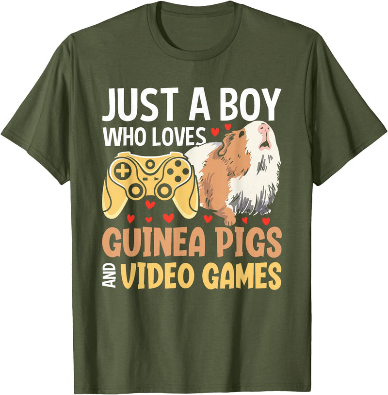 Guinea Pig Gifts for Gamer Co. Just a Boy Who Loves Guinea Pigs and Video Games Gaming T-Shirt - Olive Green