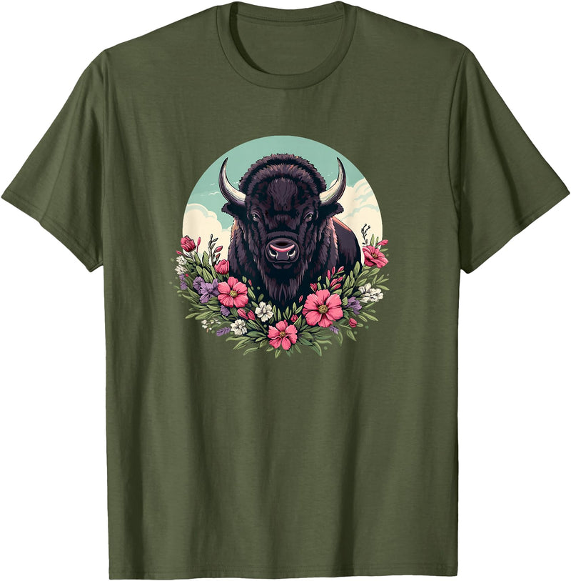 Wild Plains Buffalo Bison Gifts T Shirts & Hoodies Womens Girls Old West Retro Vintage Floral Buffalo Lover T-Shirt - Olive