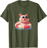 Vacation Pig Outfit Pig Sunglasses Graphic with Beach Ring T-Shirt - Olive Green