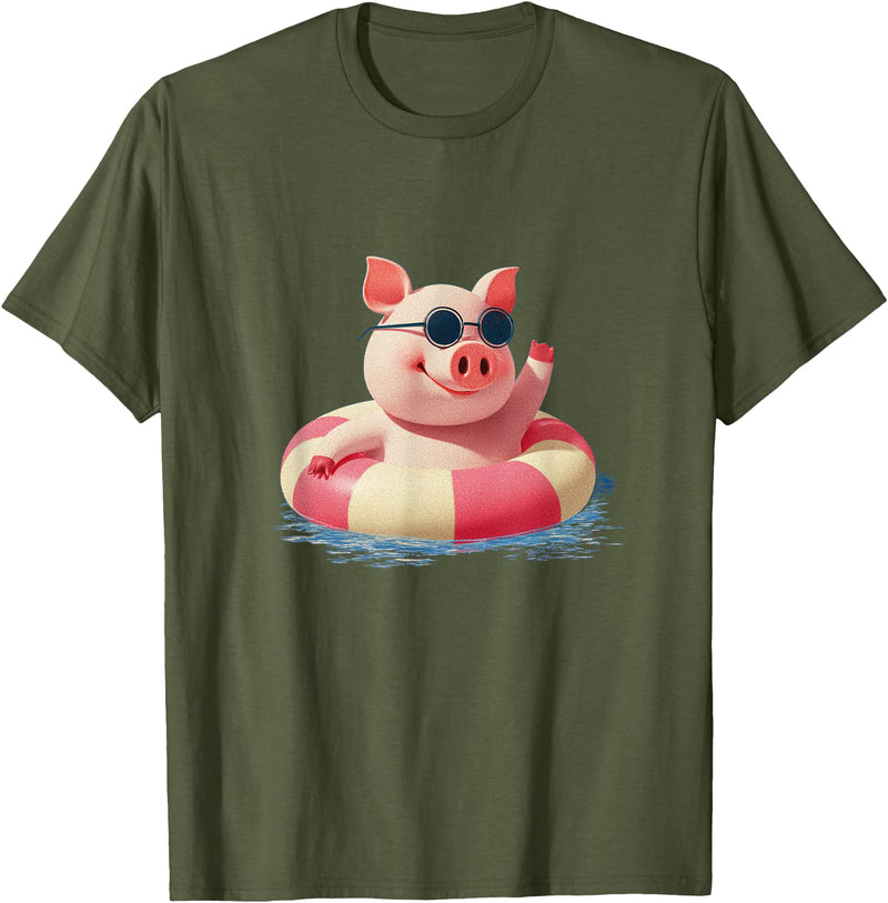 Vacation Pig Outfit Pig Sunglasses Graphic with Beach Ring T-Shirt - Olive Green