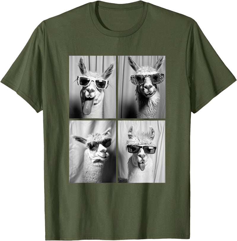 Funny Animal Photography Clothing Co. Funny Llamas with Sunglasses Cool Llama Animals Photo Booth T-Shirt - Olive Green