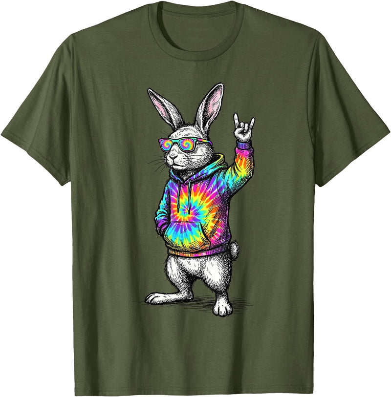 Cute Easter Bunny Rock Rabbit Sunglasses Happy Easter T-Shirt in Olive Green