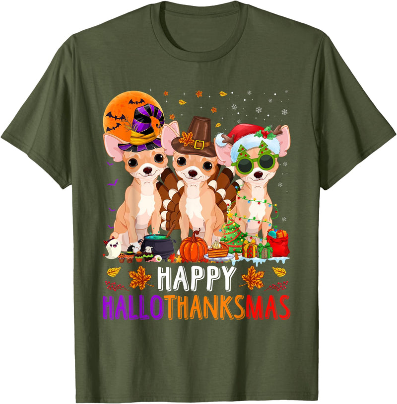 Cute Chihuahua Dog Happy Hallothanksmas Happy Hallothanksmas Chihuahua Dog Halloween Christmas T-Shirt - Olive Green