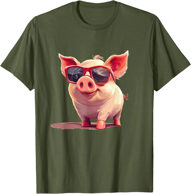 Funny Piggy Pig Sunglasses Piggy Costume for bespectacled Pigs Lovers T-Shirt - Olive Green