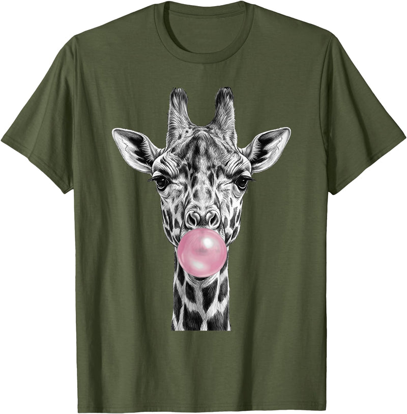 Wild Bubble Art Cool Giraffe Blowing Pink Bubblegum Sketch Art T-Shirt - Olive Green